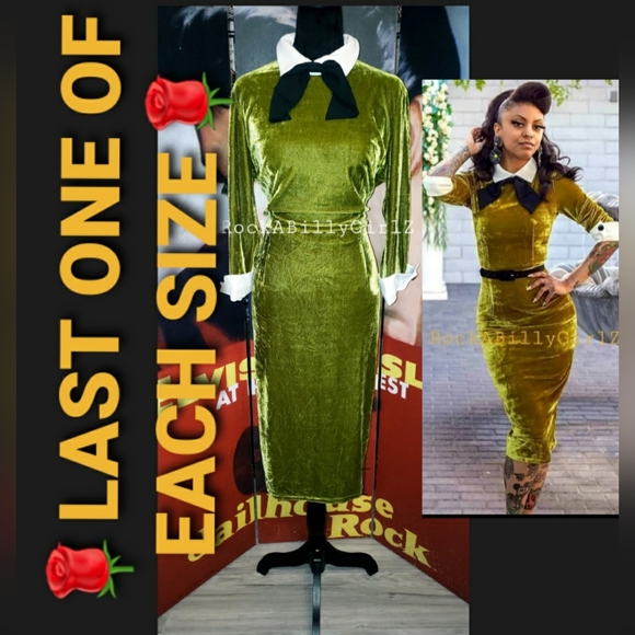Tatyana Maud Autumn Moss Green Velvet Cuff Sleeve Pinup Pencil Dress w Black Tie - Picture 1 of 16